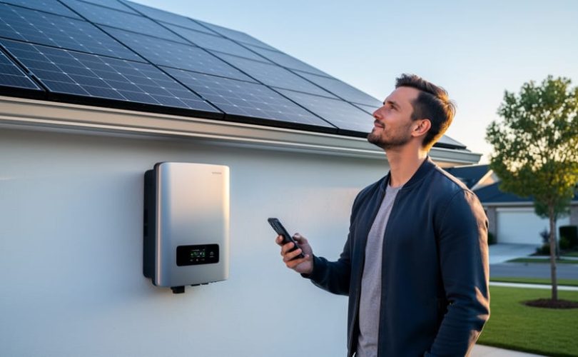 Homeowner beside wall-mounted solar inverter and battery, checking a smartphone while looking toward rooftop solar panels on a suburban house at golden hour.