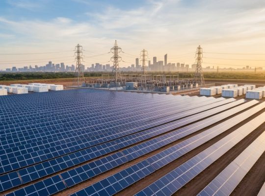 Utility-scale solar farm at sunrise with rows of blue panels leading to a substation and high-voltage transmission lines, white battery containers at the edge, and a faint city skyline on the horizon, photographed from eye level.