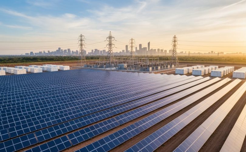 Utility-scale solar farm at sunrise with rows of blue panels leading to a substation and high-voltage transmission lines, white battery containers at the edge, and a faint city skyline on the horizon, photographed from eye level.