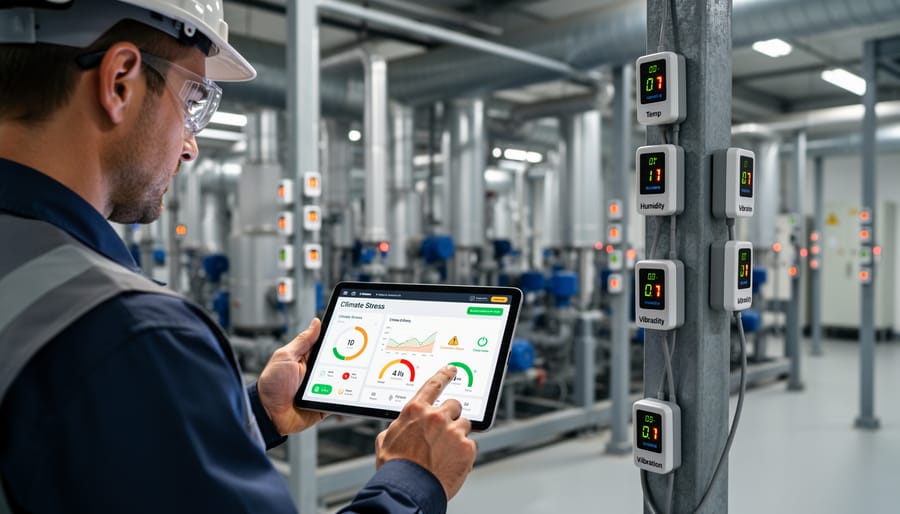 Technician installing IoT monitoring sensor on floating solar panel system