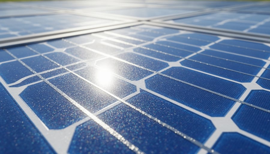 Close-up of monocrystalline solar panel cell showing silicon crystalline structure and conductors