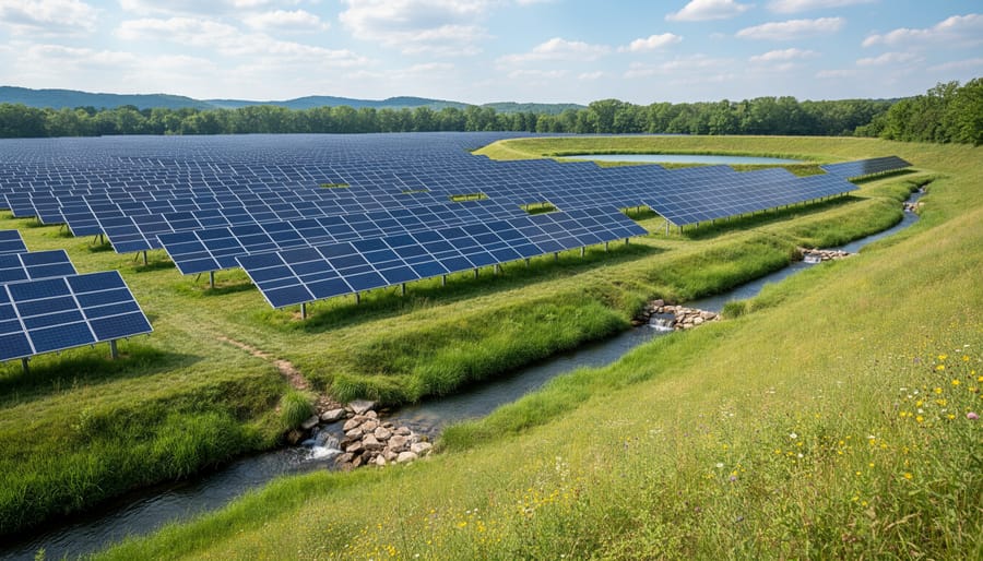 Stone-lined drainage channel providing stormwater management at solar installation