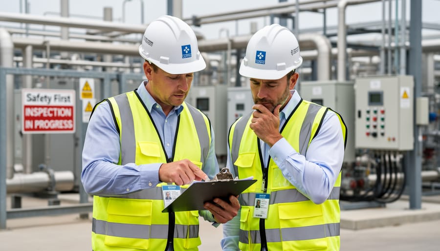 Solar technician and building inspector reviewing residential solar installation for code compliance