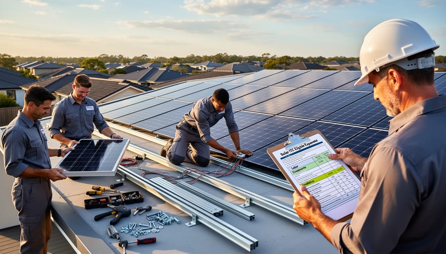 Solar installer working on panel connections and mounting hardware during installation