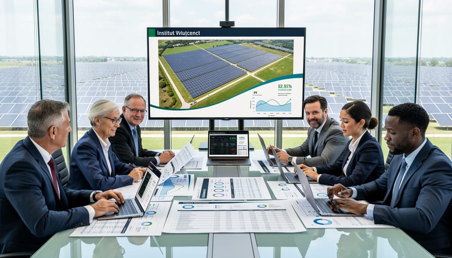 Investment professionals reviewing solar infrastructure project documentation and financial data