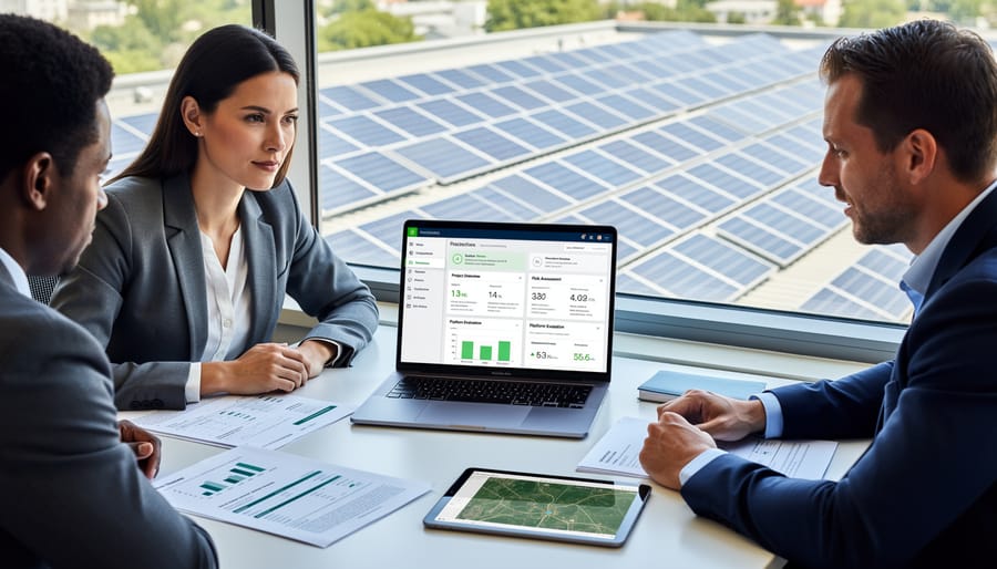 Business professionals reviewing solar investment documents and platform information
