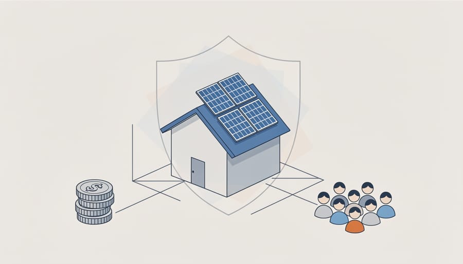 Hands protectively holding miniature house with solar panels symbolizing investment security