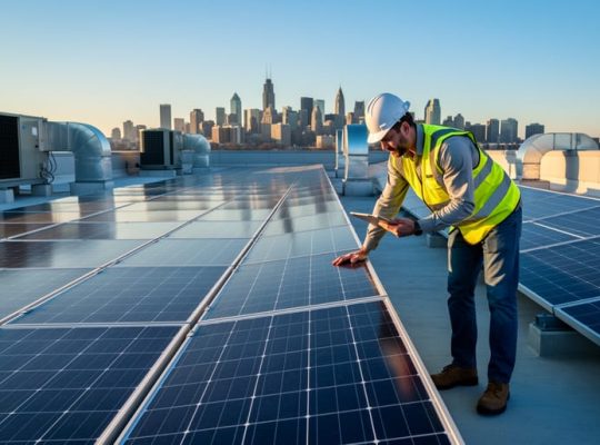 Engineer in safety vest inspecting rows of blue solar panels on a flat commercial rooftop at golden hour, with an urban skyline in the background.