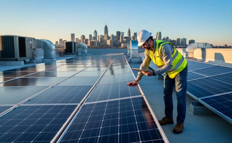Engineer in safety vest inspecting rows of blue solar panels on a flat commercial rooftop at golden hour, with an urban skyline in the background.