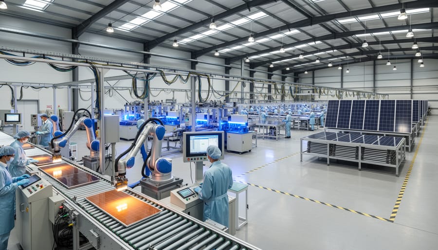 Aerial view of solar panel manufacturing facility showing production lines with photovoltaic modules