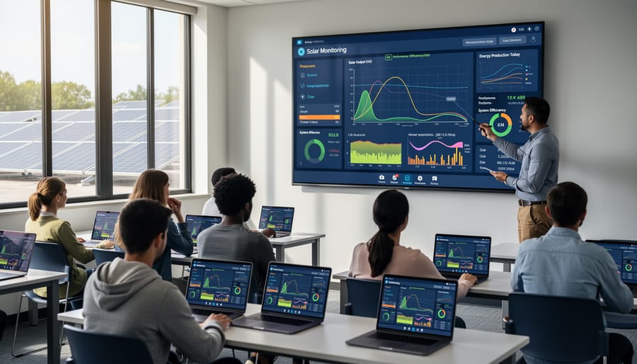 Instructor teaching students using real-time solar energy monitoring display