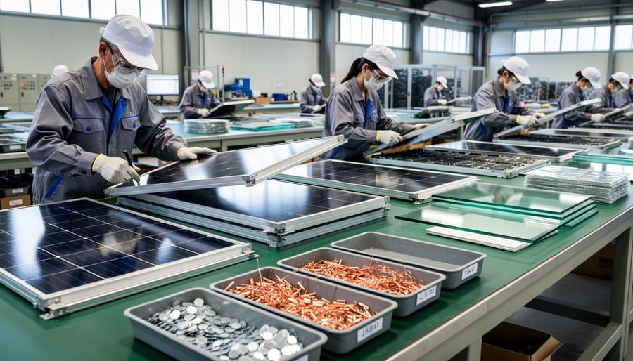 Worker's hands separating components of solar panel during recycling process
