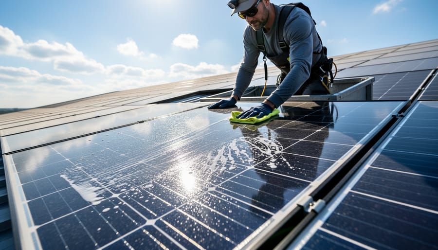 Solar technician cleaning commercial photovoltaic panels with specialized equipment