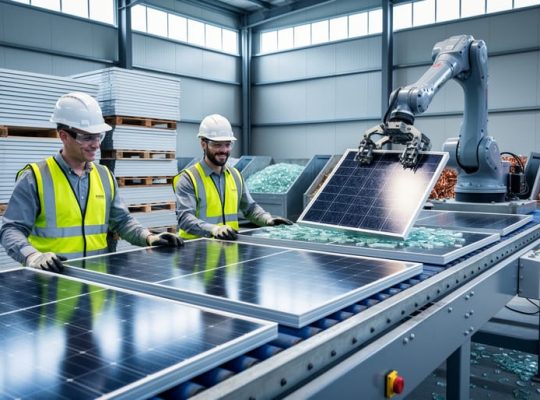 Industrial recycling line where technicians and a robotic arm remove aluminum frames from solar panels on a conveyor, with bins of recovered glass and copper and pallets of decommissioned panels in the background.