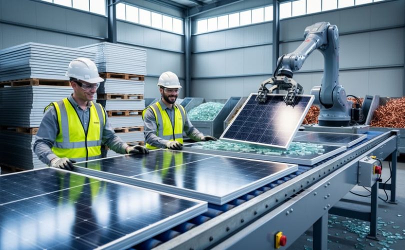 Industrial recycling line where technicians and a robotic arm remove aluminum frames from solar panels on a conveyor, with bins of recovered glass and copper and pallets of decommissioned panels in the background.