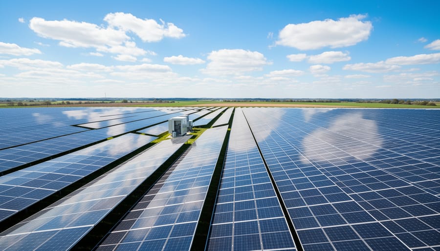 Close-up detail of high-efficiency monocrystalline solar panel surface and cell structure