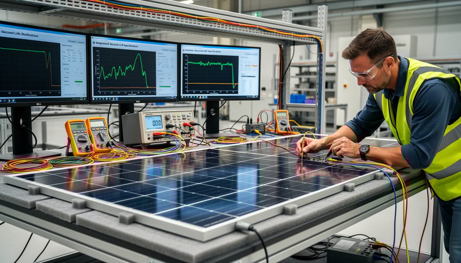 Technician testing electrical output of used solar panel with digital multimeter