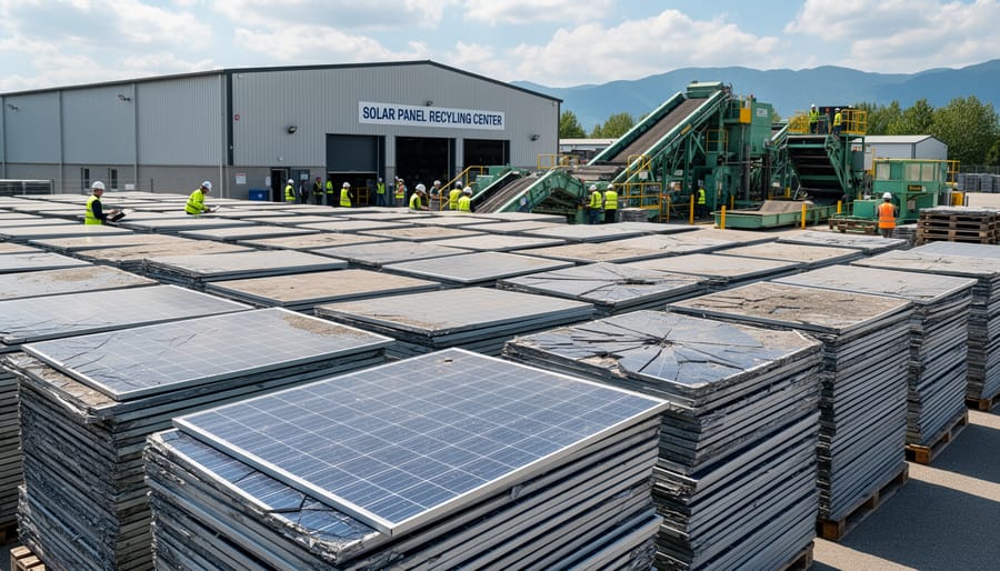Stacked decommissioned solar panels at industrial recycling facility
