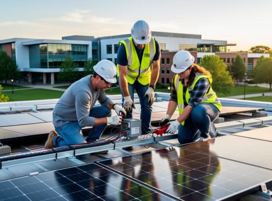 Three people in safety helmets examine and test solar panels on a university rooftop training array at golden hour, with a modern campus building and green quad behind them.