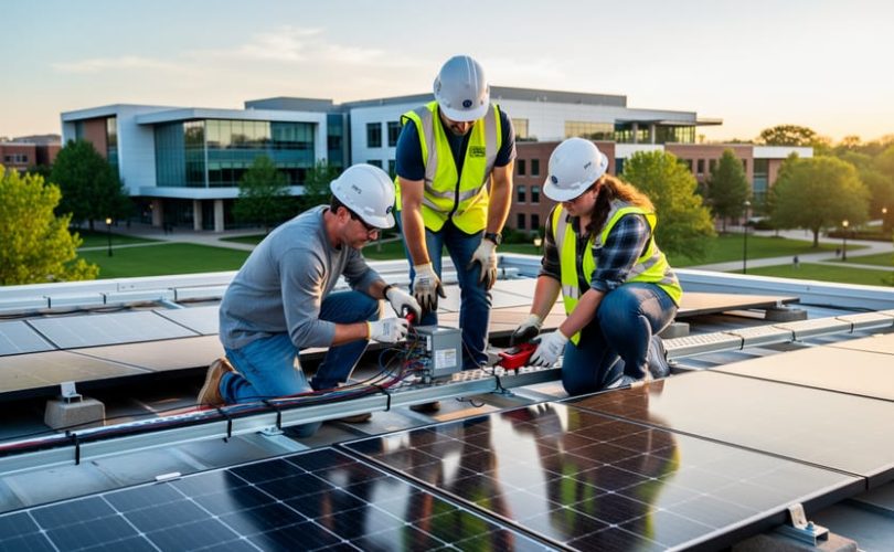 Three people in safety helmets examine and test solar panels on a university rooftop training array at golden hour, with a modern campus building and green quad behind them.