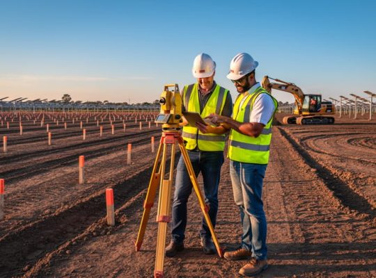 Two engineers in high-visibility vests and hard hats review a tablet next to a total station at a graded solar project site, with staked trench lines, an excavator, and unfinished racking in the background under warm late-day light.