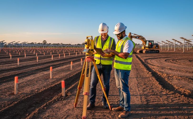 Two engineers in high-visibility vests and hard hats review a tablet next to a total station at a graded solar project site, with staked trench lines, an excavator, and unfinished racking in the background under warm late-day light.