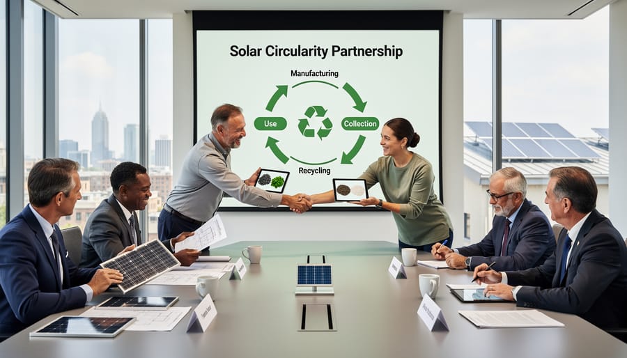 Diverse team of professionals collaborating at solar recycling facility