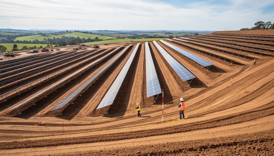 Aerial view of solar farm construction site showing graded terrain and mounting structure layout