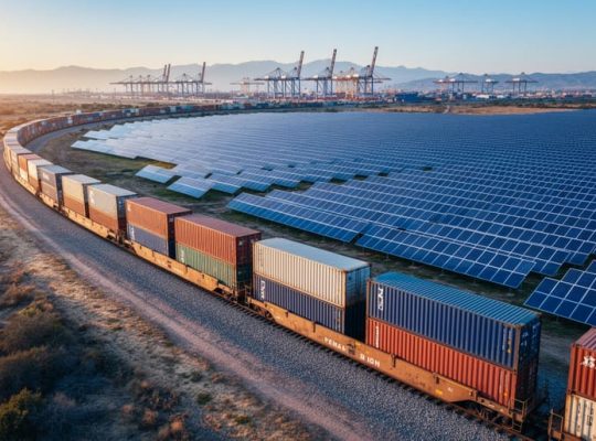 Aerial view of a freight train with colorful containers curving beside a large utility-scale solar panel array at golden hour, with distant port cranes and mountains in the background.