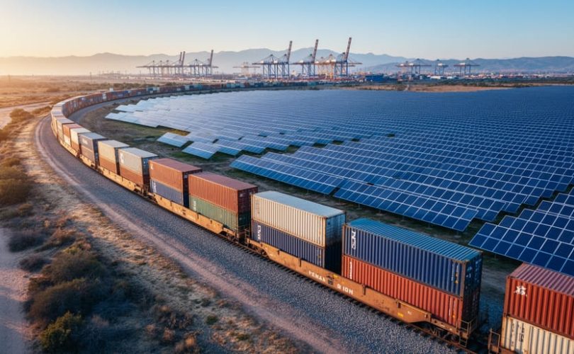 Aerial view of a freight train with colorful containers curving beside a large utility-scale solar panel array at golden hour, with distant port cranes and mountains in the background.
