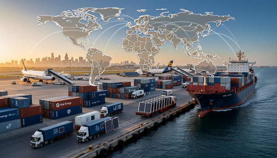 Cargo ship loaded with shipping containers at industrial port during sunset