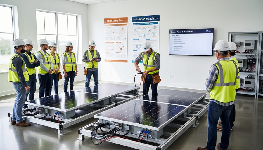 Solar technician training classroom with students learning about PV equipment and regulations