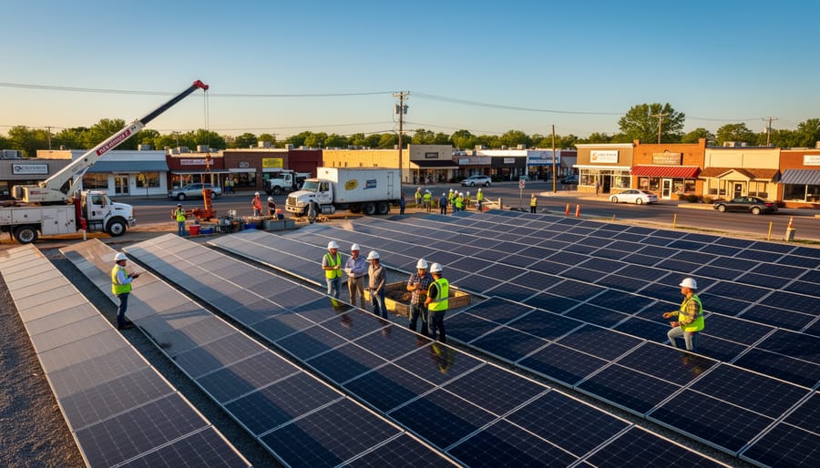 Construction workers installing solar panels on commercial rooftop with city skyline background