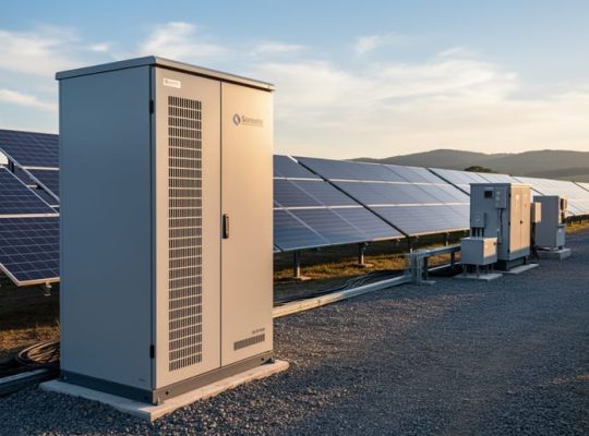Utility-scale solid-state battery cabinet next to rows of solar panels at golden hour, with inverter housings and distant hills in the background.