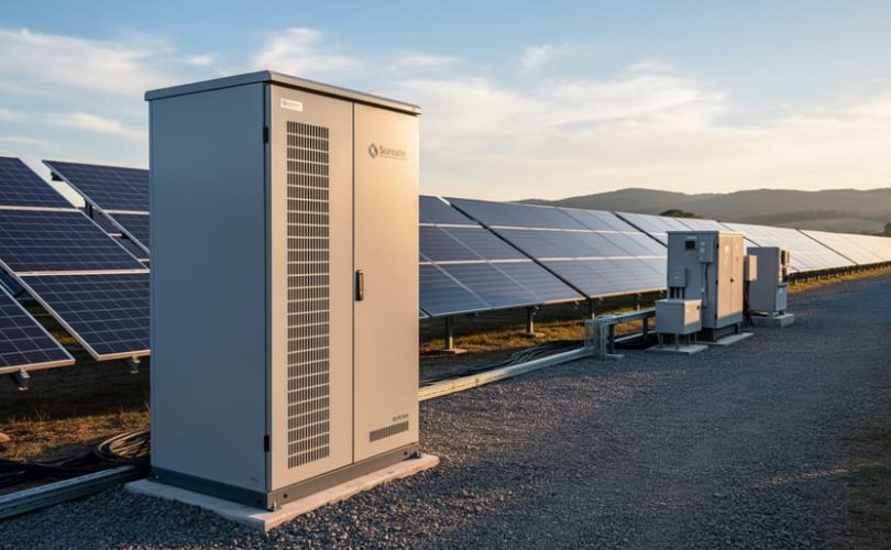 Utility-scale solid-state battery cabinet next to rows of solar panels at golden hour, with inverter housings and distant hills in the background.