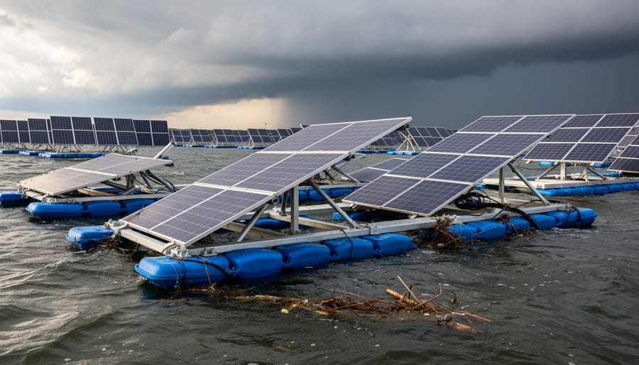 Aerial view of damaged floating solar array on water showing broken panels and displaced platforms after extreme weather