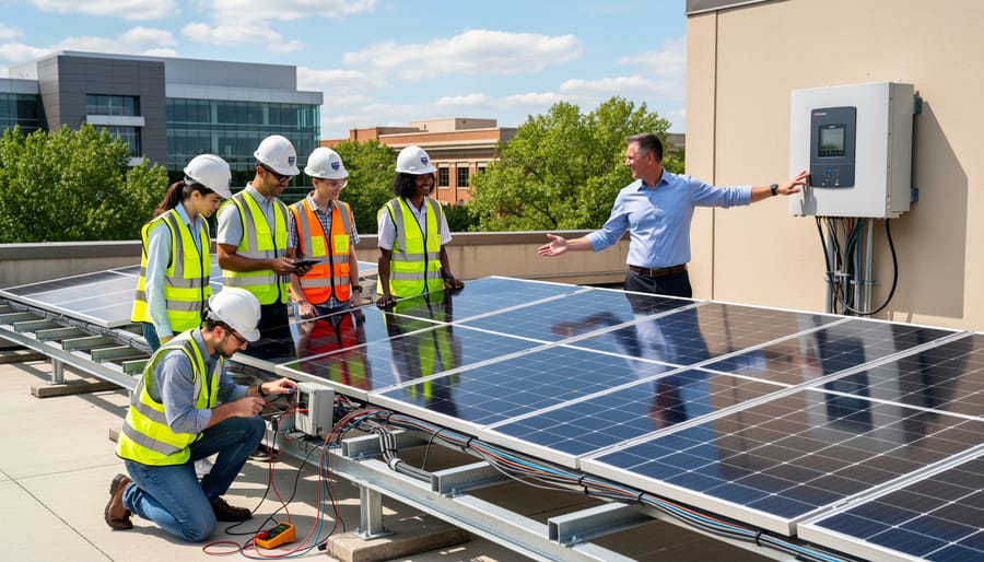 Students in safety equipment examining solar panel components during educational training