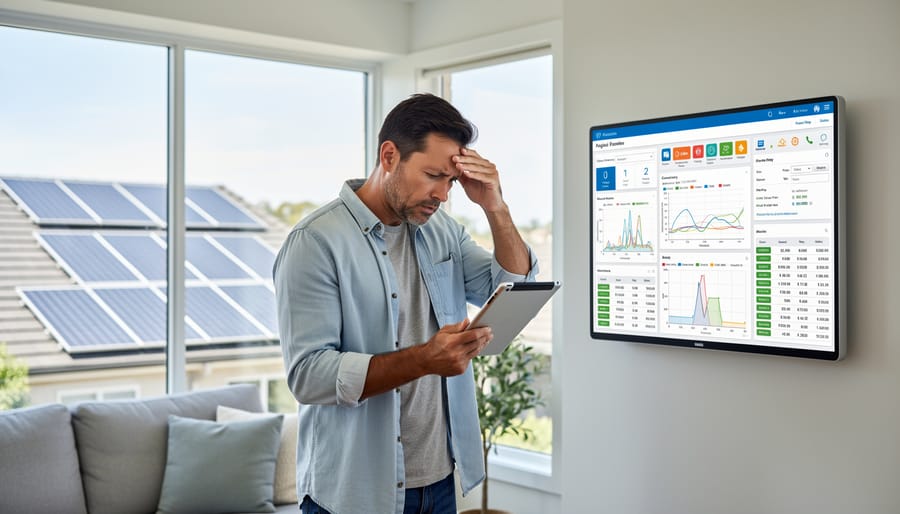 Homeowner looking confused while reviewing complex energy monitoring data on laptop