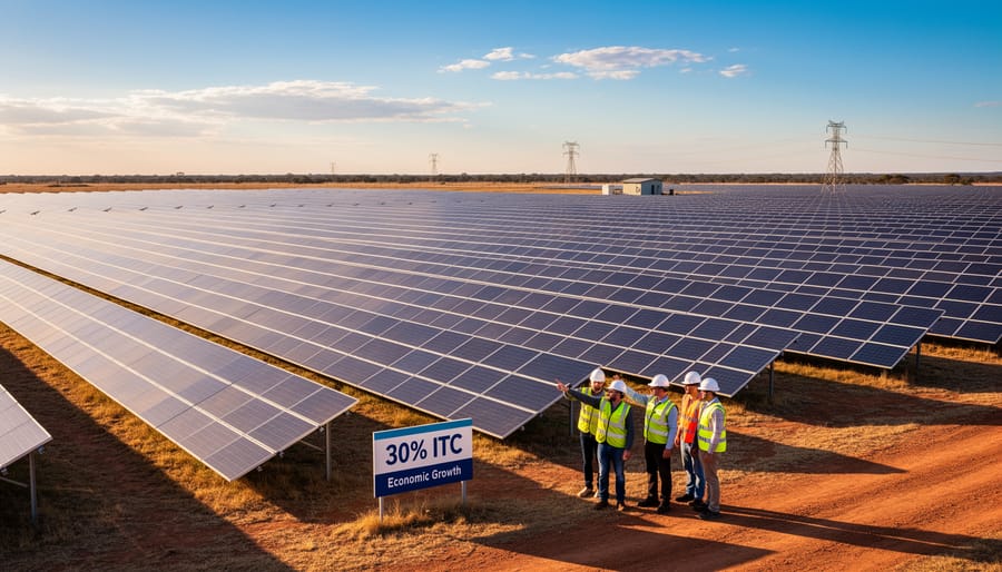 Aerial view of utility-scale solar farm with thousands of panels in organized rows