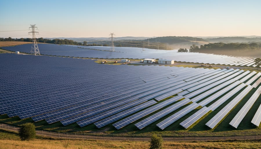 Aerial view of large-scale solar photovoltaic farm with thousands of panels