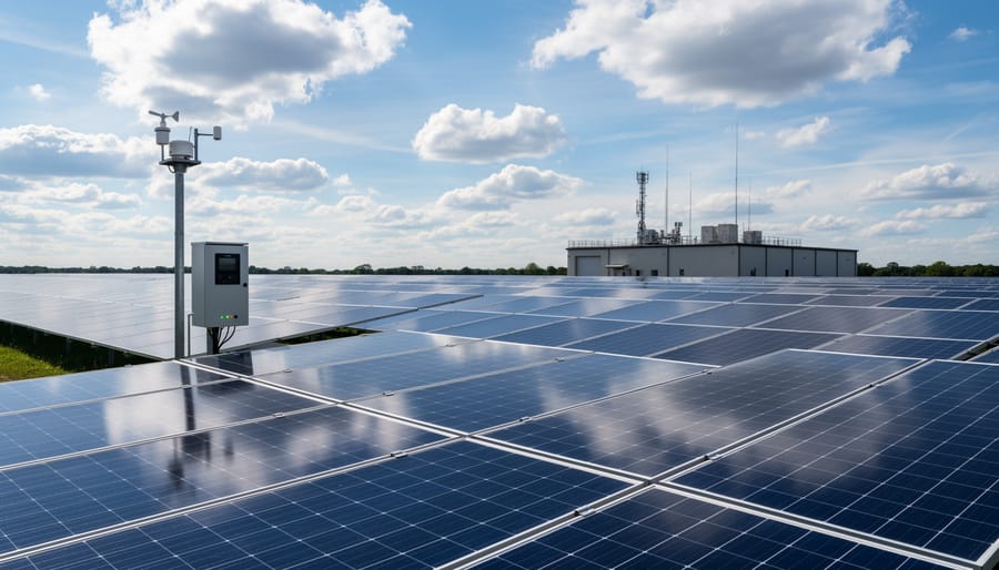 Large-scale solar panel installation with dramatic cloud shadows moving across array