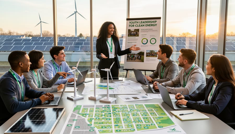 Diverse group of young adults in team huddle demonstrating leadership collaboration