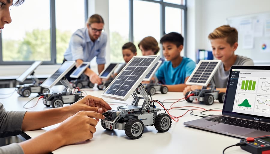 Student hands adjusting solar panel angle on robot during outdoor learning activity