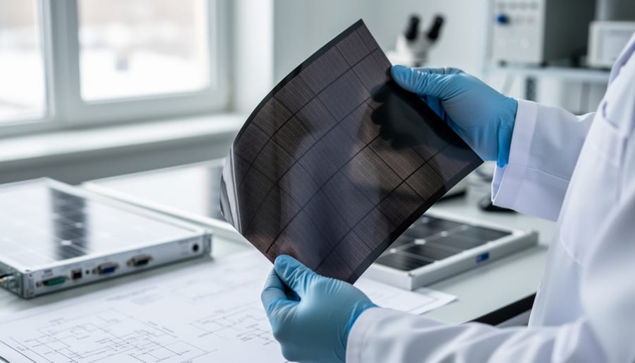 Flexible thin-film amorphous solar panel showing curved lightweight construction