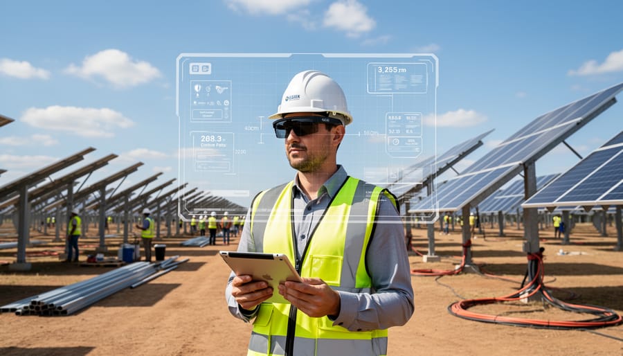 Construction supervisor wearing augmented reality smart glasses while inspecting solar panel installation