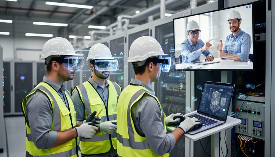 Two solar construction engineers collaborating using augmented reality headset and tablet on installation site