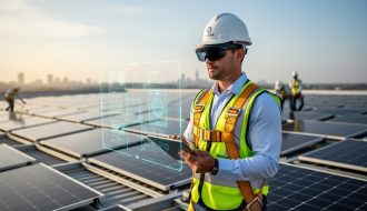 Solar project manager wearing an AR headset on a commercial rooftop, viewing translucent alignment overlays above mounting rails with crews and city skyline softly blurred behind