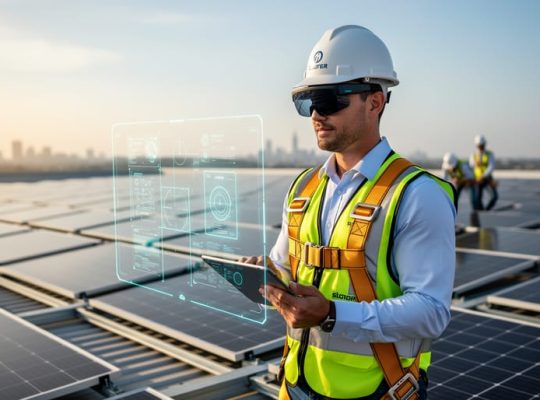Solar project manager wearing an AR headset on a commercial rooftop, viewing translucent alignment overlays above mounting rails with crews and city skyline softly blurred behind