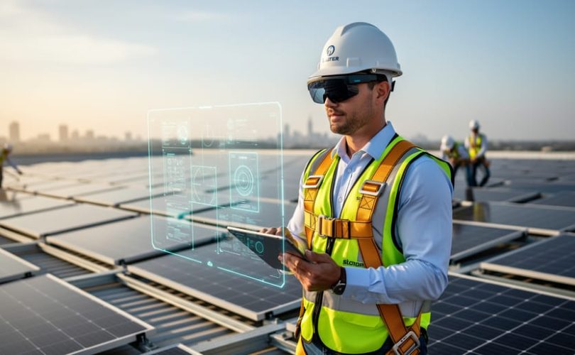 Solar project manager wearing an AR headset on a commercial rooftop, viewing translucent alignment overlays above mounting rails with crews and city skyline softly blurred behind