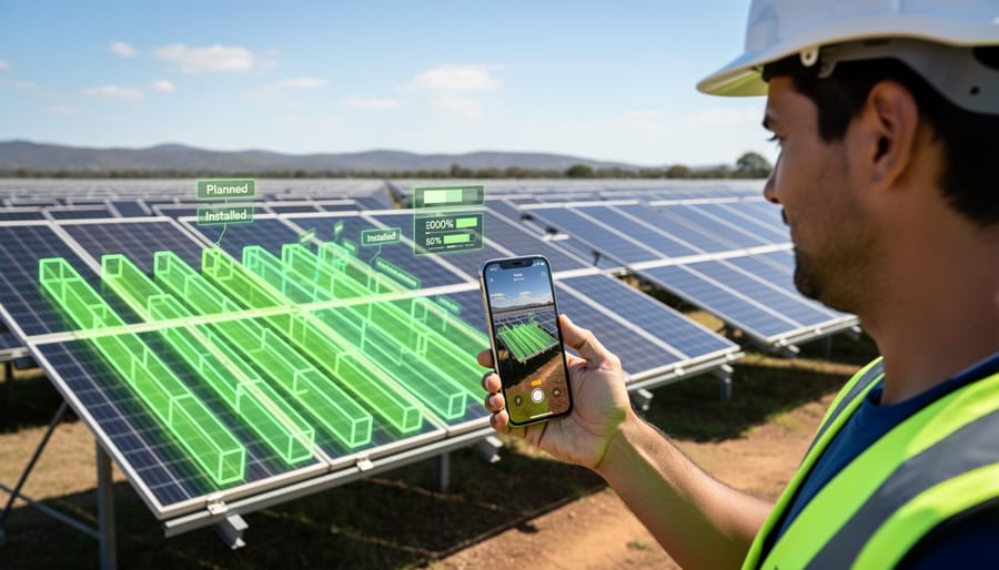Tablet displaying augmented reality overlay comparing design plans to actual solar panel installation